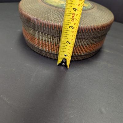 Vintage Empty Metal Round Cookie Tin With Victorian Scene