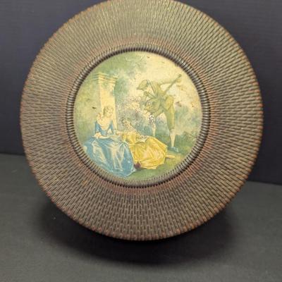 Vintage Empty Metal Round Cookie Tin With Victorian Scene