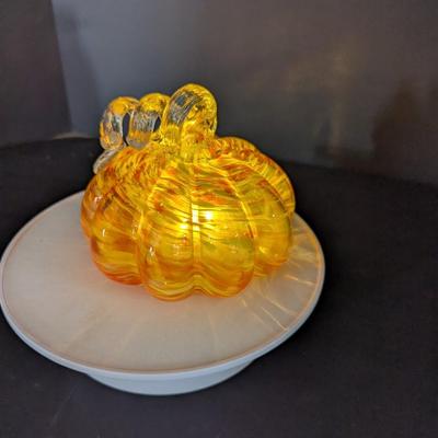 Lighted Orange Art Glass Pumpkin
