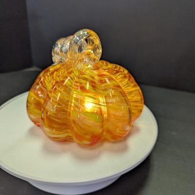 Lighted Orange Art Glass Pumpkin