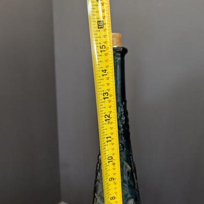 Vintage Empoli Glass Bottle Teal Floral Genie Vase w/Stopper