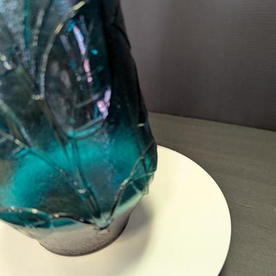 Vintage Empoli Glass Bottle Teal Floral Genie Vase w/Stopper