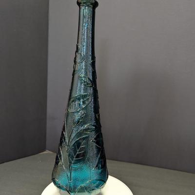Vintage Empoli Glass Bottle Teal Floral Genie Vase w/Stopper