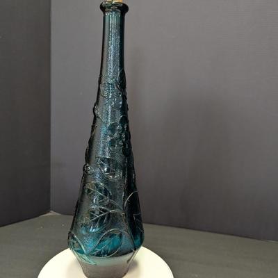 Vintage Empoli Glass Bottle Teal Floral Genie Vase w/Stopper
