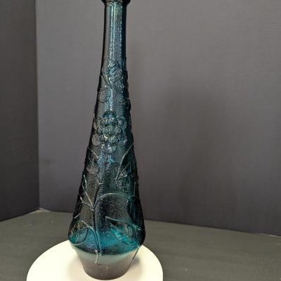 Vintage Empoli Glass Bottle Teal Floral Genie Vase w/Stopper