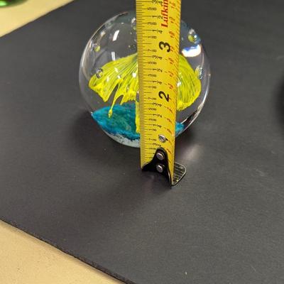 Paperweight Is Hand-Blown & Features A Yellow Flower Design With A Blue Base & Controlled Bubbles