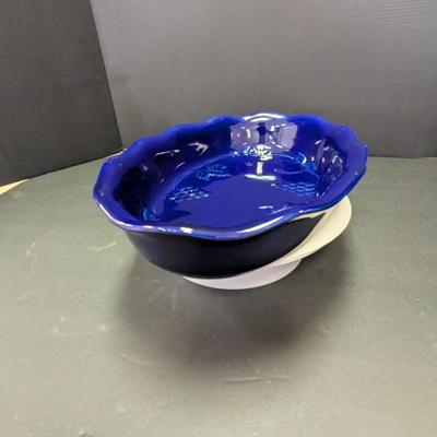 Cobalt Blue Oval Serving Dish Stoneware w/ Embossed Design