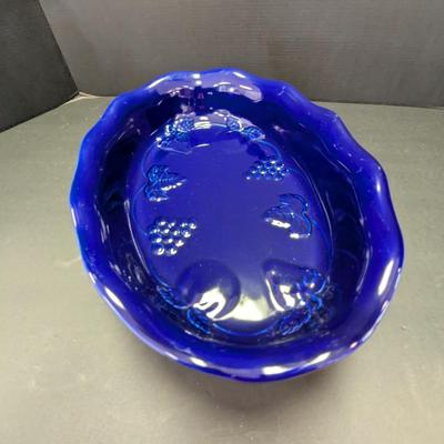 Cobalt Blue Oval Serving Dish Stoneware w/ Embossed Design