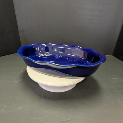 Cobalt Blue Oval Serving Dish Stoneware w/ Embossed Design