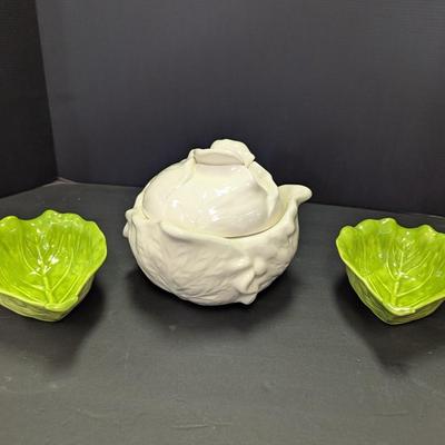 White Cabbage Soup Bowl & Cabbage Leaf Condiment Dishes Marked On The Bottom