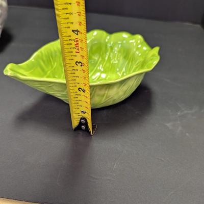 White Cabbage Soup Bowl & Cabbage Leaf Condiment Dishes Marked On The Bottom