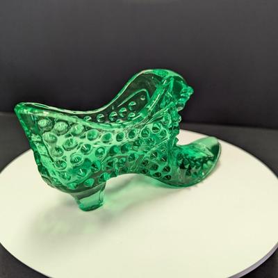 Fenton Art Glass Green Hobnail Cat Head Slipper Shoe Figurine