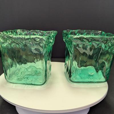 Candle Holders Square Green Recycled Art Glass Heavy Ice Texture