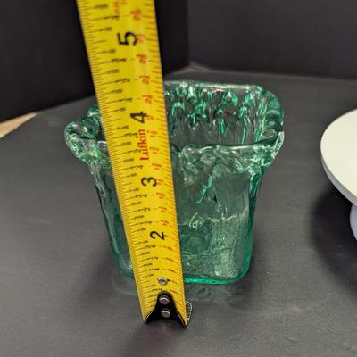 Candle Holders Square Green Recycled Art Glass Heavy Ice Texture