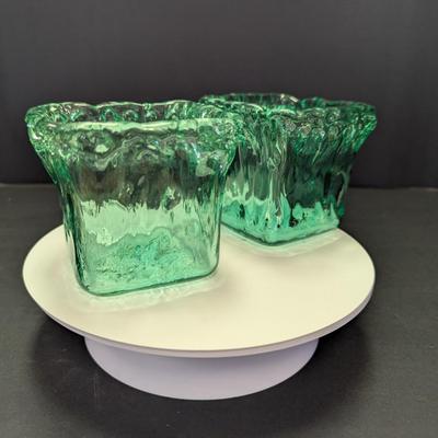 Candle Holders Square Green Recycled Art Glass Heavy Ice Texture