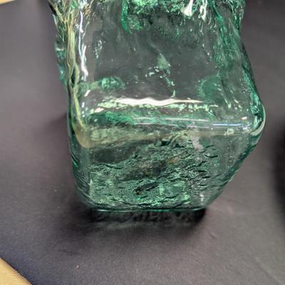 Candle Holders Square Green Recycled Art Glass Heavy Ice Texture