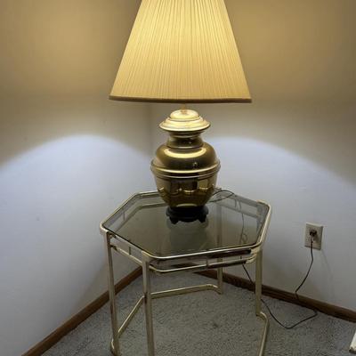 Glass Side Table/Gold trim & Brass Lamp