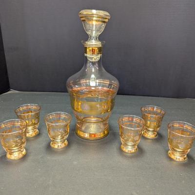 Vintage Etched Glass Decanter With Glasses