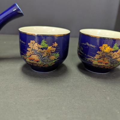 Vintage Asahi Japan Side Handle Tea Pot & Cups Cobalt Blue