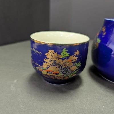 Vintage Asahi Japan Side Handle Tea Pot & Cups Cobalt Blue