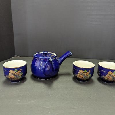 Vintage Asahi Japan Side Handle Tea Pot & Cups Cobalt Blue