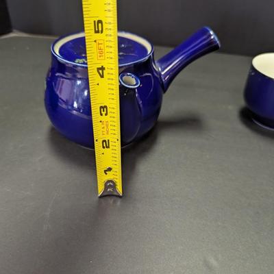 Vintage Asahi Japan Side Handle Tea Pot & Cups Cobalt Blue