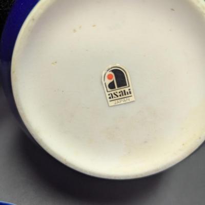 Vintage Asahi Japan Side Handle Tea Pot & Cups Cobalt Blue