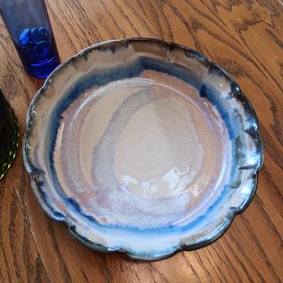 GREEN GLASS CANDY DISH, VASE AND CLAY BOWL