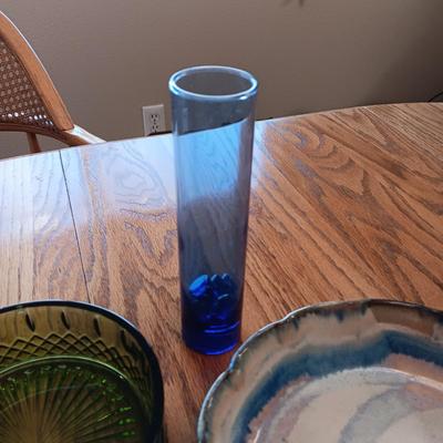 GREEN GLASS CANDY DISH, VASE AND CLAY BOWL