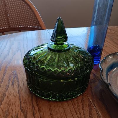 GREEN GLASS CANDY DISH, VASE AND CLAY BOWL