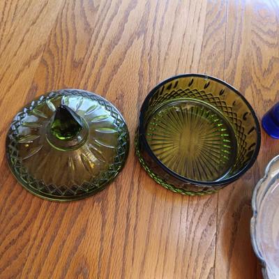 GREEN GLASS CANDY DISH, VASE AND CLAY BOWL