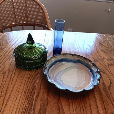 GREEN GLASS CANDY DISH, VASE AND CLAY BOWL