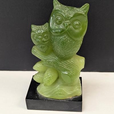 Mid-Century Vintage Two Owls On Branch Faux Jade Figure