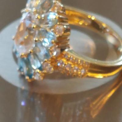 18kt Yellow Gold Plated Blue Topaz Created White Sapphire Ring Sz 7