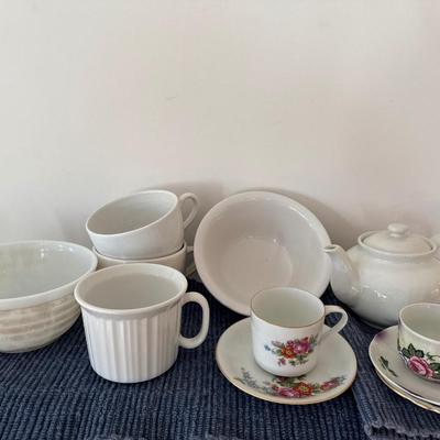 Variety of white dishes and corningware