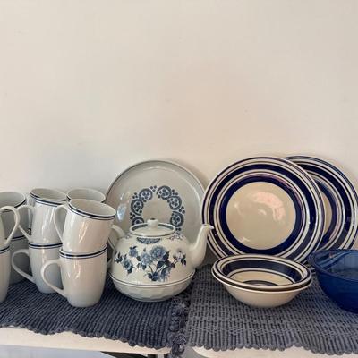Blue dishes and tea pot