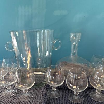 Wine glasses, decanter, ice bucket