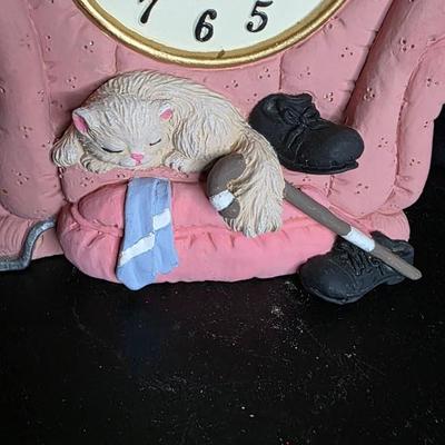Vintage Novelty Cat Clock – Pink Armchair Quartz Timepiece with Cat, Shoes & Blanket Figurine