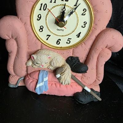 Vintage Novelty Cat Clock – Pink Armchair Quartz Timepiece with Cat, Shoes & Blanket Figurine