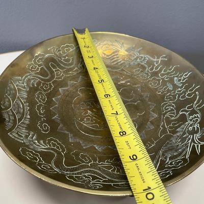 Vintage Asian brass bowl with carved wood stand