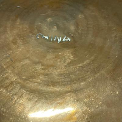 Vintage Asian brass bowl with carved wood stand