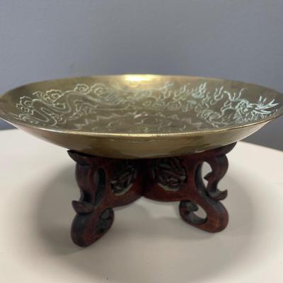 Vintage Asian brass bowl with carved wood stand