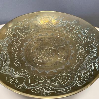 Vintage Asian brass bowl with carved wood stand
