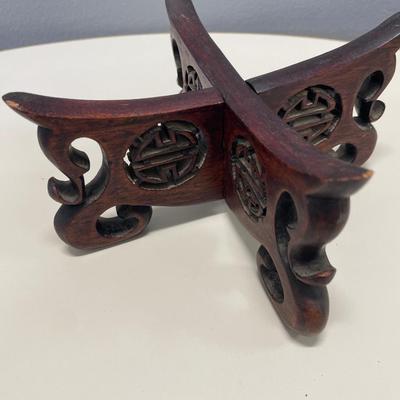 Vintage Asian brass bowl with carved wood stand