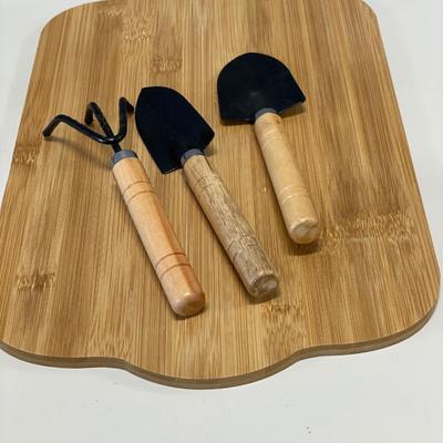 Wood base with mini gardening tools