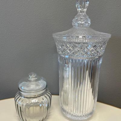 Clear glass tall vase and small canister