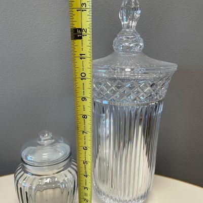 Clear glass tall vase and small canister