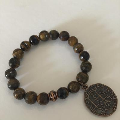 Vintage tigers eye stretch bracelet, faux coin charm