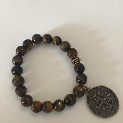 Vintage tigers eye stretch bracelet, faux coin charm