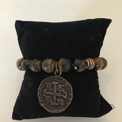 Vintage tigers eye stretch bracelet, faux coin charm